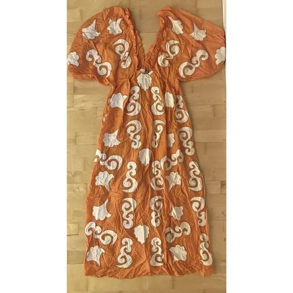 Chufy Orange Embroidered Printed V Neck Dress FLAW XS